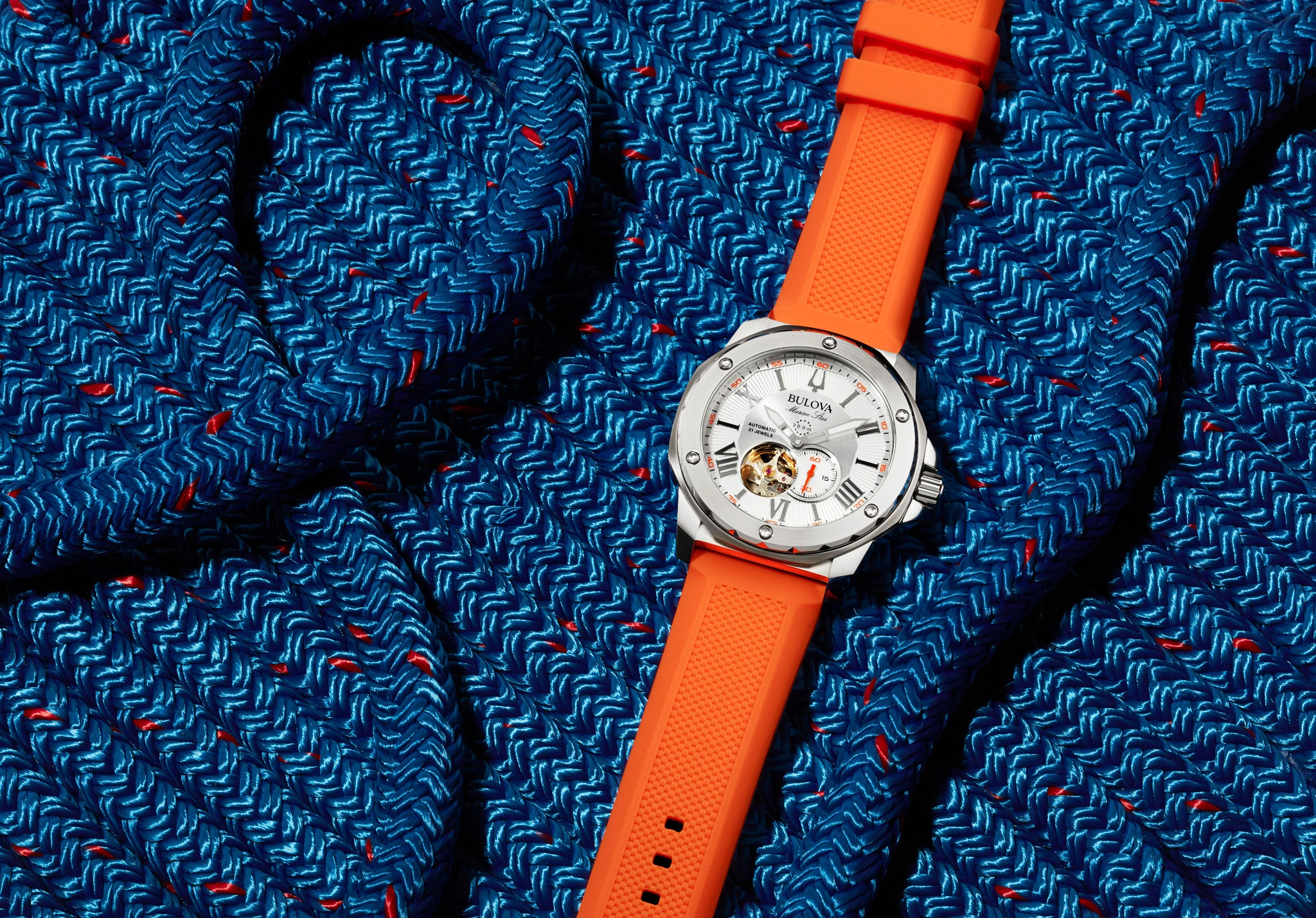 Bulova Marine Star Men's Silver Orange Silicone Strap Watch | Bulova